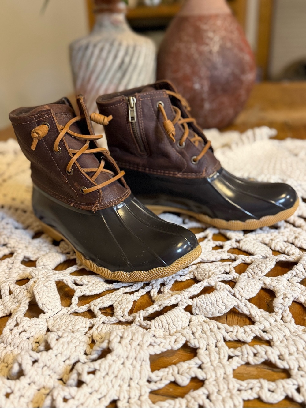 Sperry Saltwater Duck Boots 7 Brown Leather Waterproof preppy fisherman chore